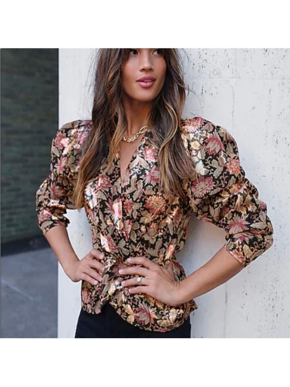 Express Metallic Floral Wrap Peplum Blouse Long Sleeve Size Small